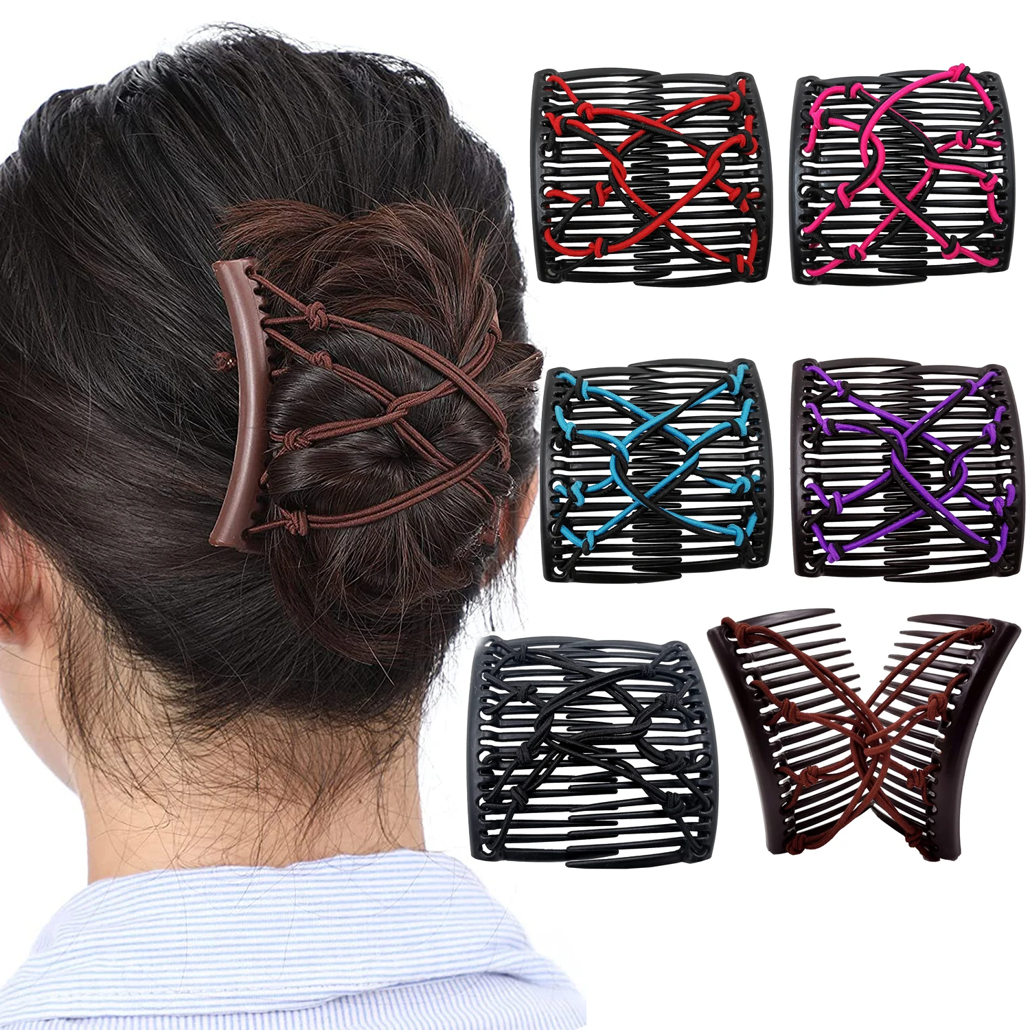 6pcs Stretchy Double Comb Hair Clip Adjustable Elastic Hair Comb Hair Accessories for Women Curly Thick Wavy Hair Ponytail