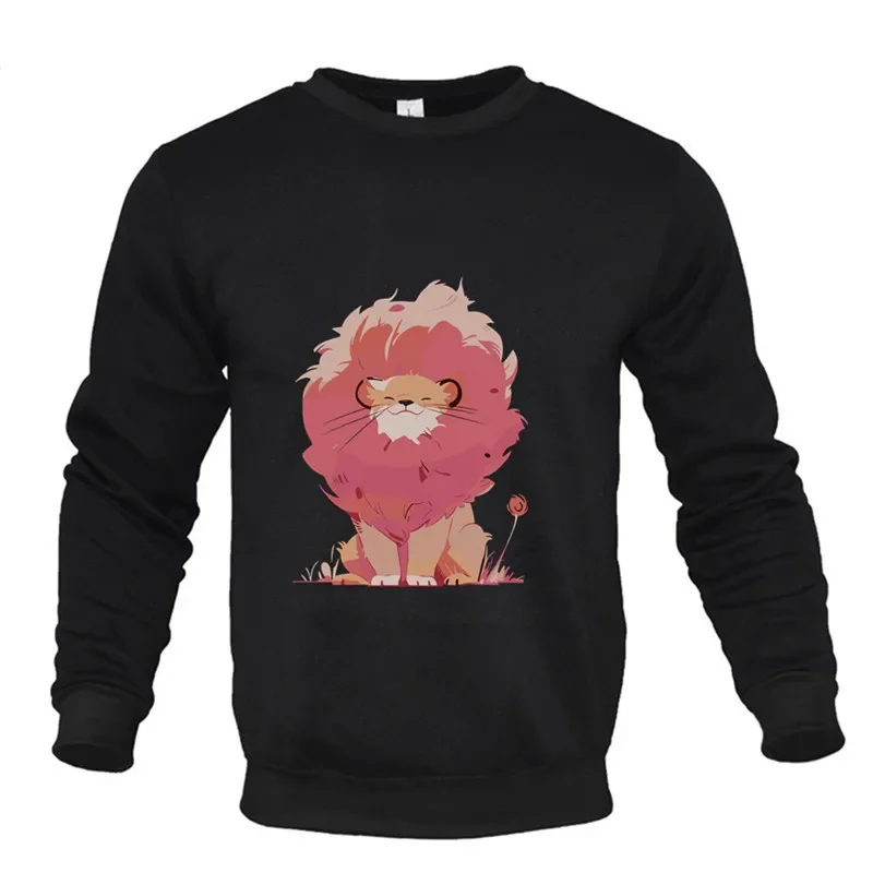 New Men Fall Winter Sweatshirt Round Neck Long Sleeve Men Top Lion Pattern Print  Loose  Mid Length Men Casual Top