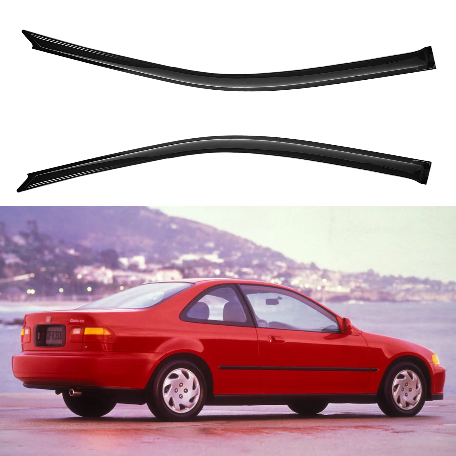 

For Honda Civic 2-Door Coupe 1996-2000 Wind Deflectors Tinted 2pcs Set External with Water Channel 1.5MM Thick Boxed