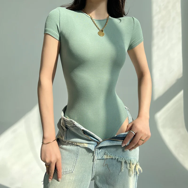 

Круглая футболка для похудения Hot Girl Ne Piece Spring Summer ort Sve, женская эластичная обтягивающая футболка в рубчик с высокой талией