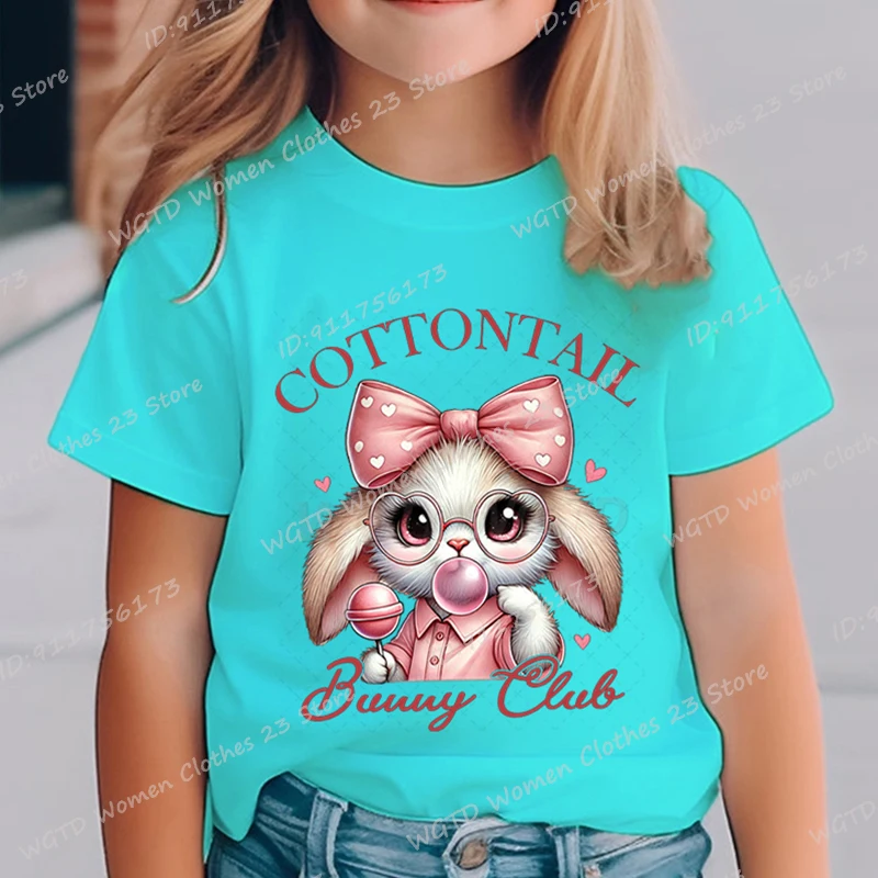 Easter Day Cottontail Bunny Club Graphic T-shirt Children Girls Summer Casual T Shirt O Neck Short-sleeved T-Shirts Fashion Tees