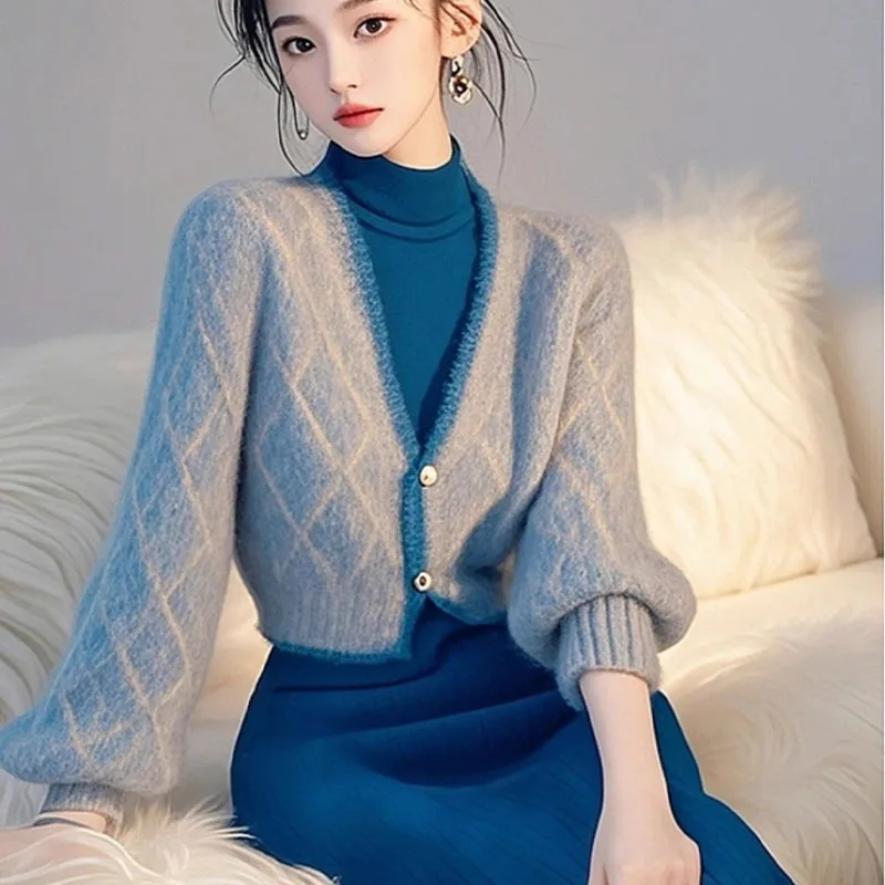 Autumn Winter Temperament Elegant Lantern Sleeve V-neck Loose Sweaters Women Clothing Vintage Soft Wool Warm Knitted Cardigan