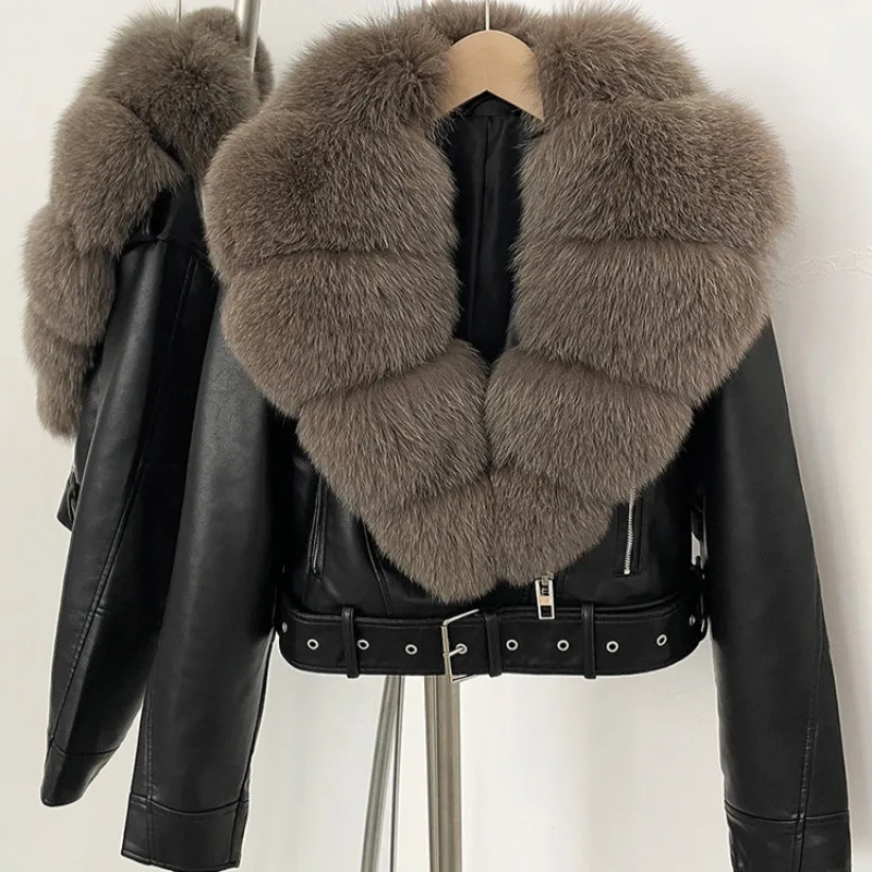 2026 Fall Winter Trendy Women Short Real Leather Coat Oversized Big Fox Fur Collar Fox Fur Jacket