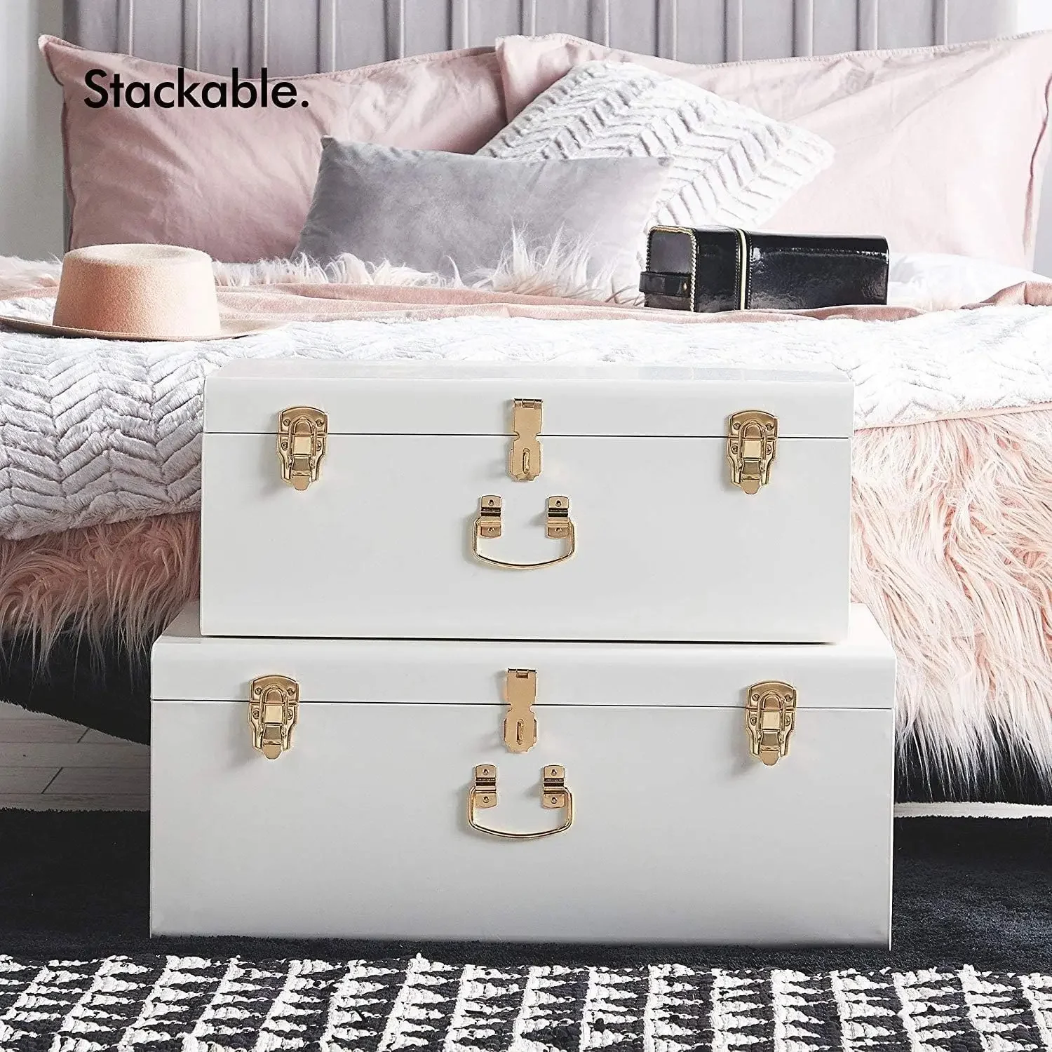 White Trunks Set of 2 - Vintage Style Storage w/Gold Finish Handles & Locks - Space Saving Organizer Home Dorm & Office Use
