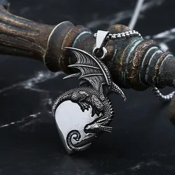 2024 New 316L Stainless Steel Dragon With Heart Necklace Men and Women Animal  Pendant Sweater Chain Punk Jewelry