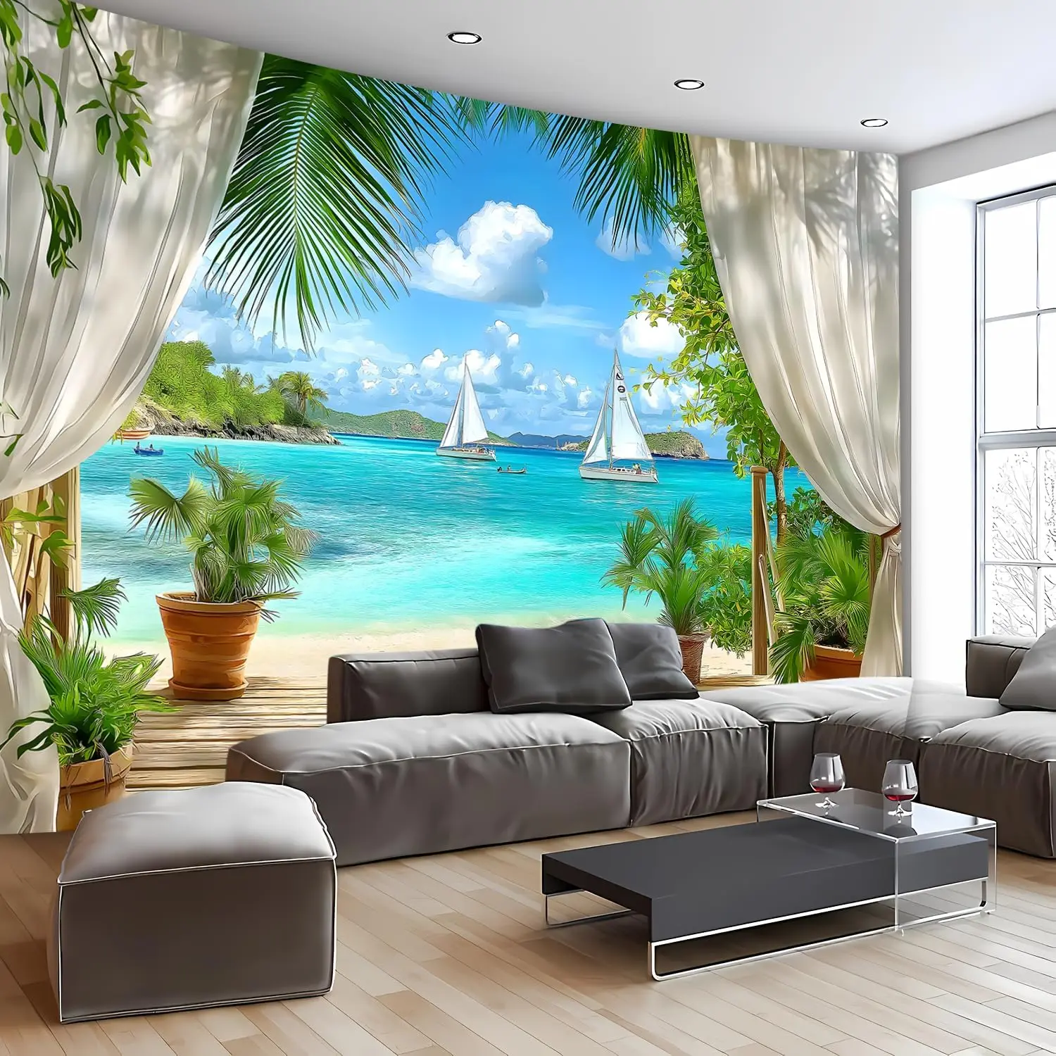Tapestry Nature Scenery Forest Green Tree Stone Rainforest River Jungle Wall Hanging Art Landscape Scene Through Wooden Windows