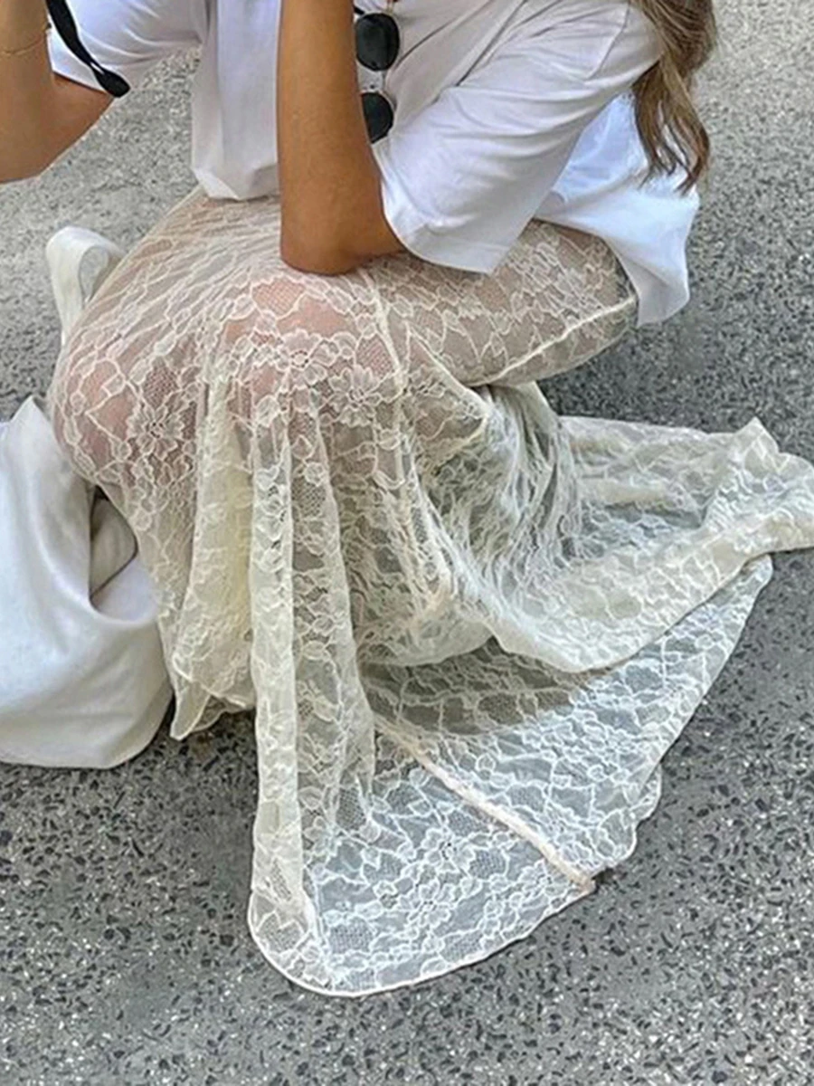 Women Lace Fishtail Skirt Casual for Beach Vacation See Through Mid-Waisted Maxi Skirts Women 2024 Autumn Spring