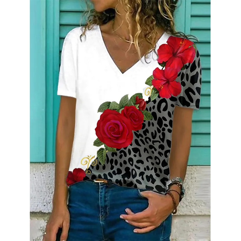 เสื้อยืดพิมพ์ลาย 3 มิติ ลายผีเสื้อ ลายเสือดาว ลายดอกไม้ สำหรับผู้หญิง คอวี แขนสั้น สไตล์ฮาราจูกุ ทรงโอเวอร์ไซส์ เสื้อผ้าผู้หญิง