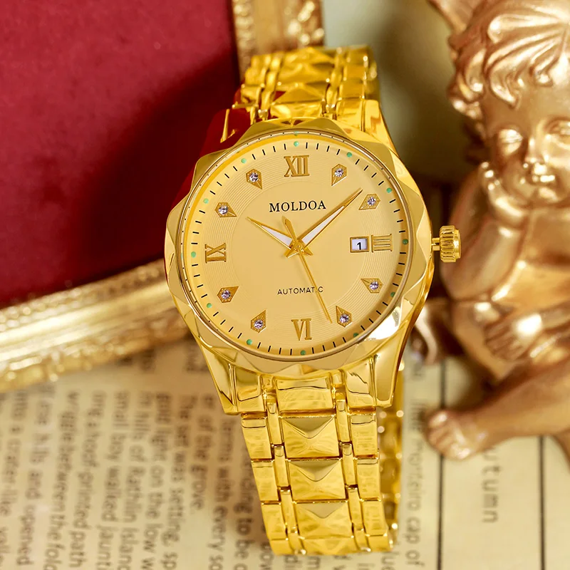 

Мужские элитные кварцевые часы в деловом стиле с золотым ремешком из нержавеющей стали, функцией календаря и аналоговой стрелкой.