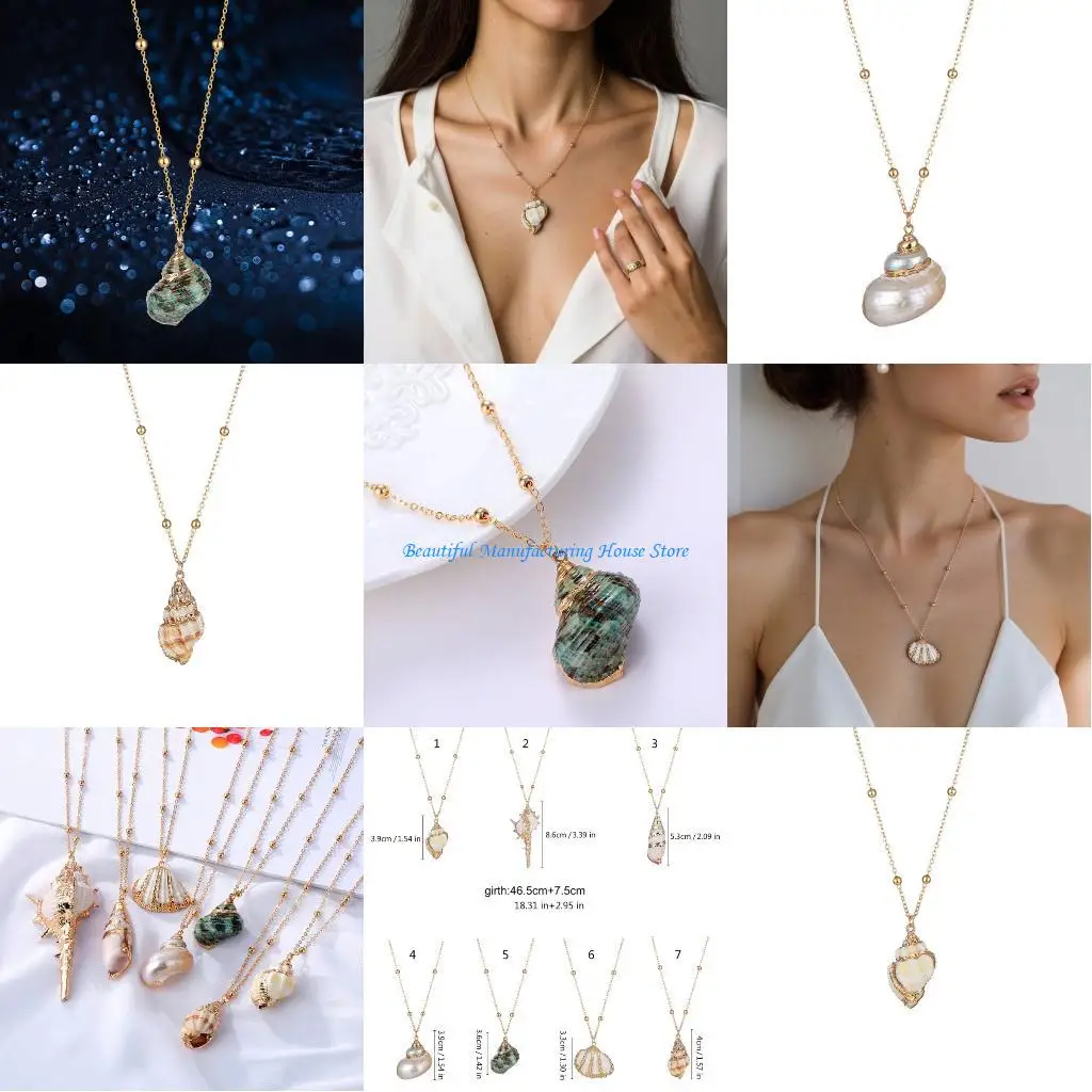 

E56A Conch Shell Pendant Necklace Adjustable Length Clavicle Chain Alloy Made Lightweight Beach Jewelry Accessories