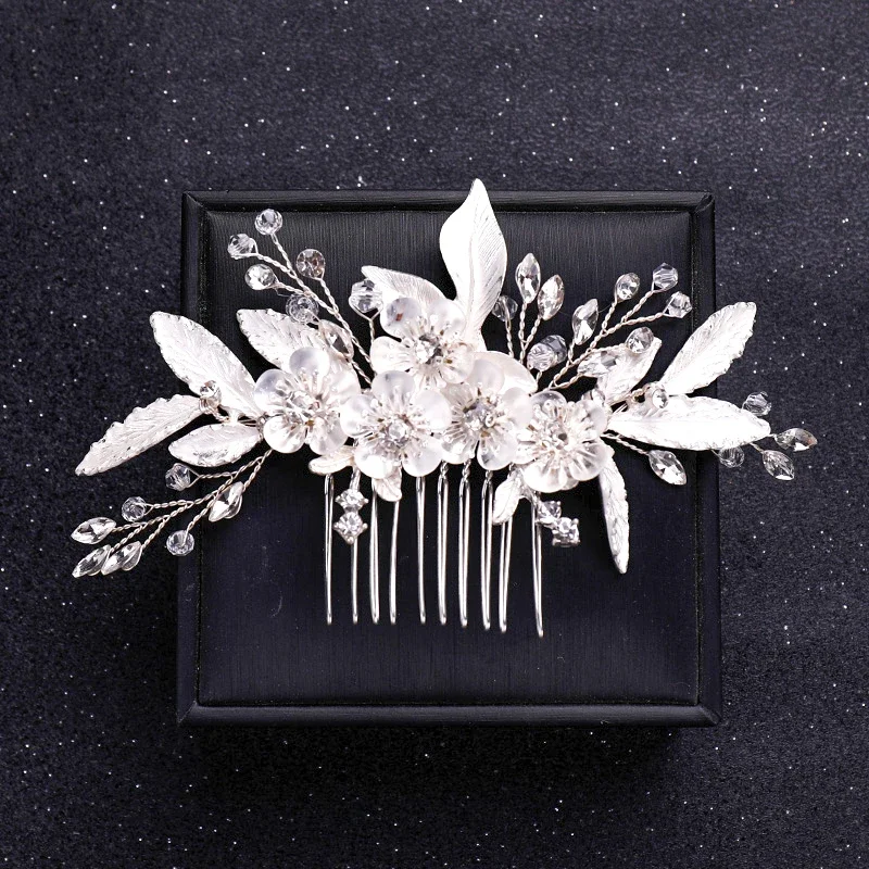 Trendy wedding flower hair accessories Handmade silver pearl hair comb tiara rhinestone bride headdress bridal hair ornaments image 4