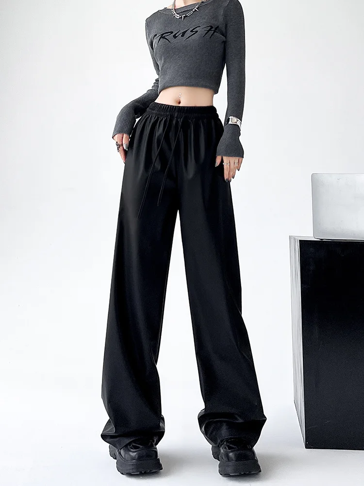 Black Wide PU Leather Pants Women Autumn Vintage Elastic High Waist Y2K Harajuku Baggy Straight Trousers