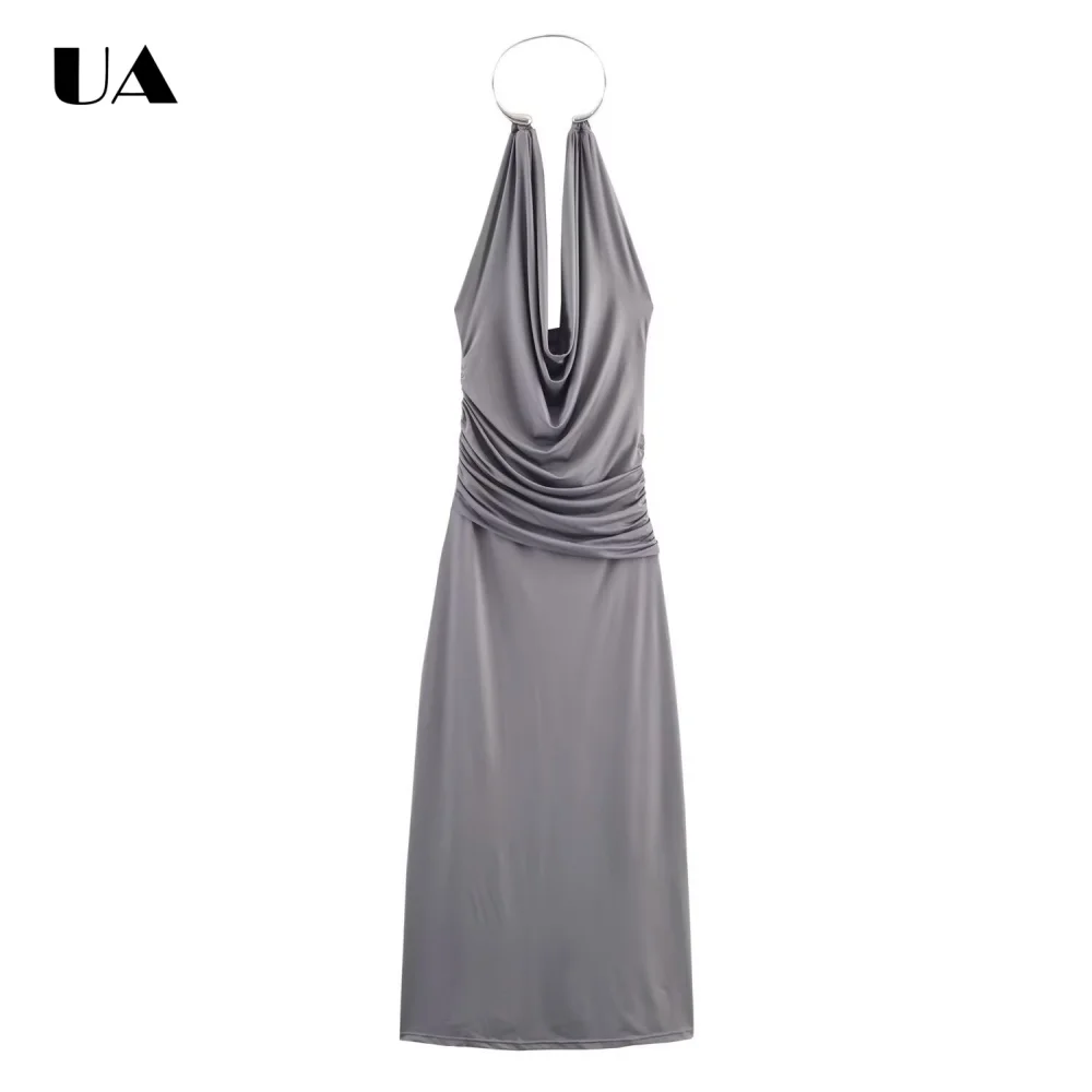 

Sexy Sheath Backless Sleeveless Midi Party Dress, Fashionable Draped Halterneck Long Dresses for Women, Elegant Solid Prom Dress