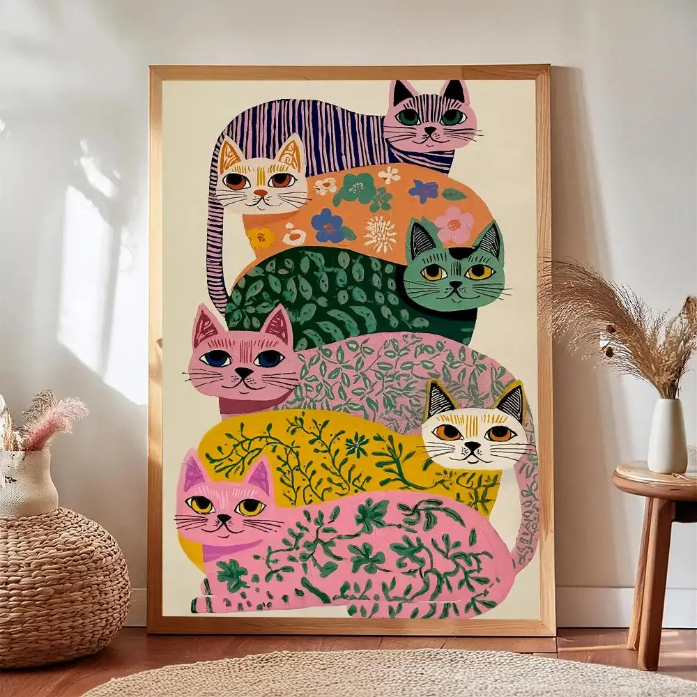 Farbenfrohes Mid-Century Katzen-HD-Wandkunst-Poster, skurrile Blumenkatzen, Retro-Boho-Tierkunst, Heimdekoration, Geschenk für Katzenliebhaber