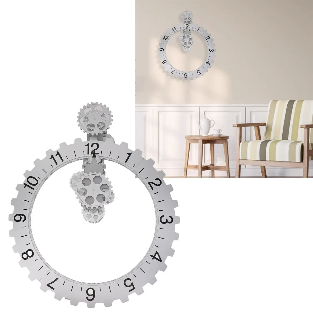 Black White Gear Wall Clock Large Size Rotary Mechanism Rotary Gear Clock 3D Design Mechanical Wheel Clock Living Room