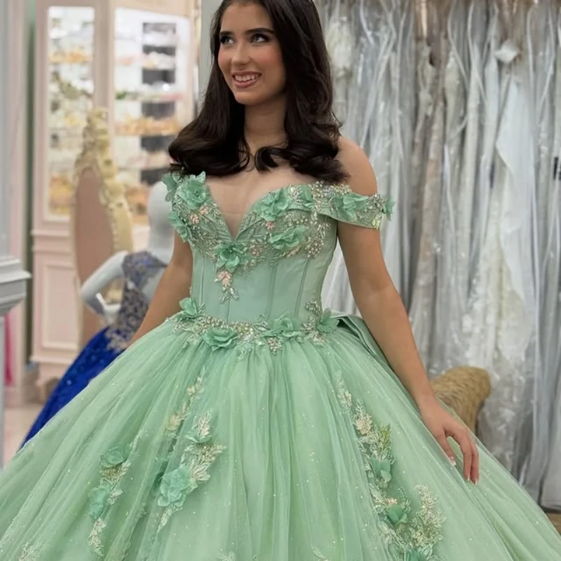 

Customized Shiny Emerald Green Quinceanera Dresses Off the Shoulder sequin applique 3D flower Long tail Vestido 15 Quinceanera