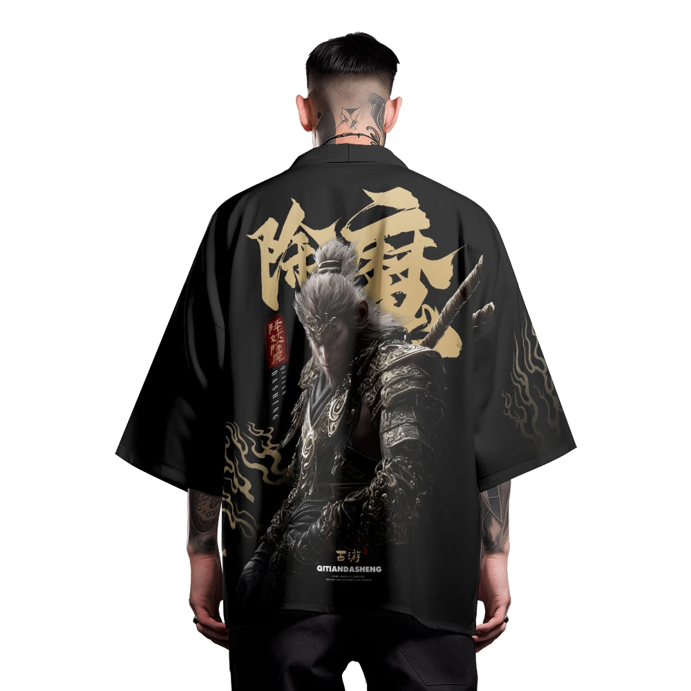 

Monkey King Kimono Shirt Wu Kong Men's Chinese Mythological Characters Animation Printed Clothing Half Sleeve Tops