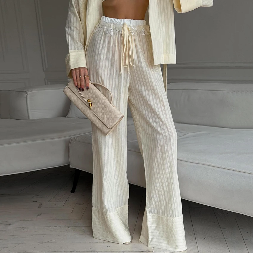 

Linad Casual Pleated Lace Drawstring Trousers Summer Elegant Cotton High Waist Long Pants Woman 2026 Street Chic Wide Leg Pants