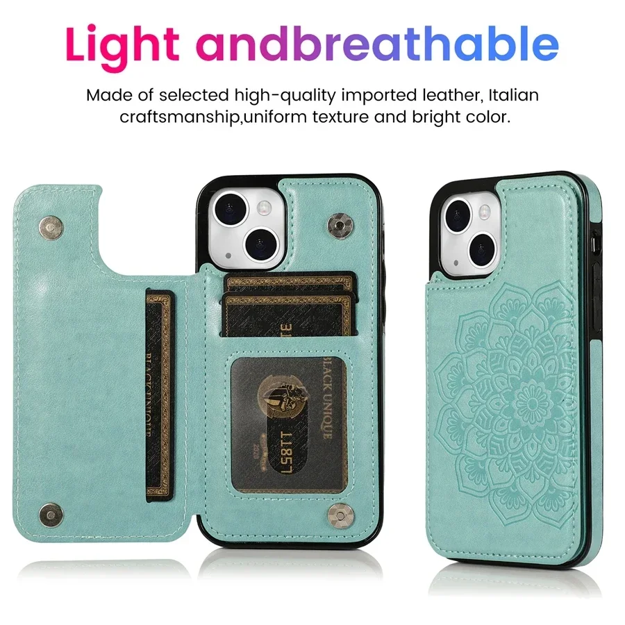 Wallet Datura Double Buckle Card Slot Magnetic Flip Leather Case For iPhone 16 Pro Max 15 Plus 14 13 12 Mini 11 SE 2 X XS XR 8 7