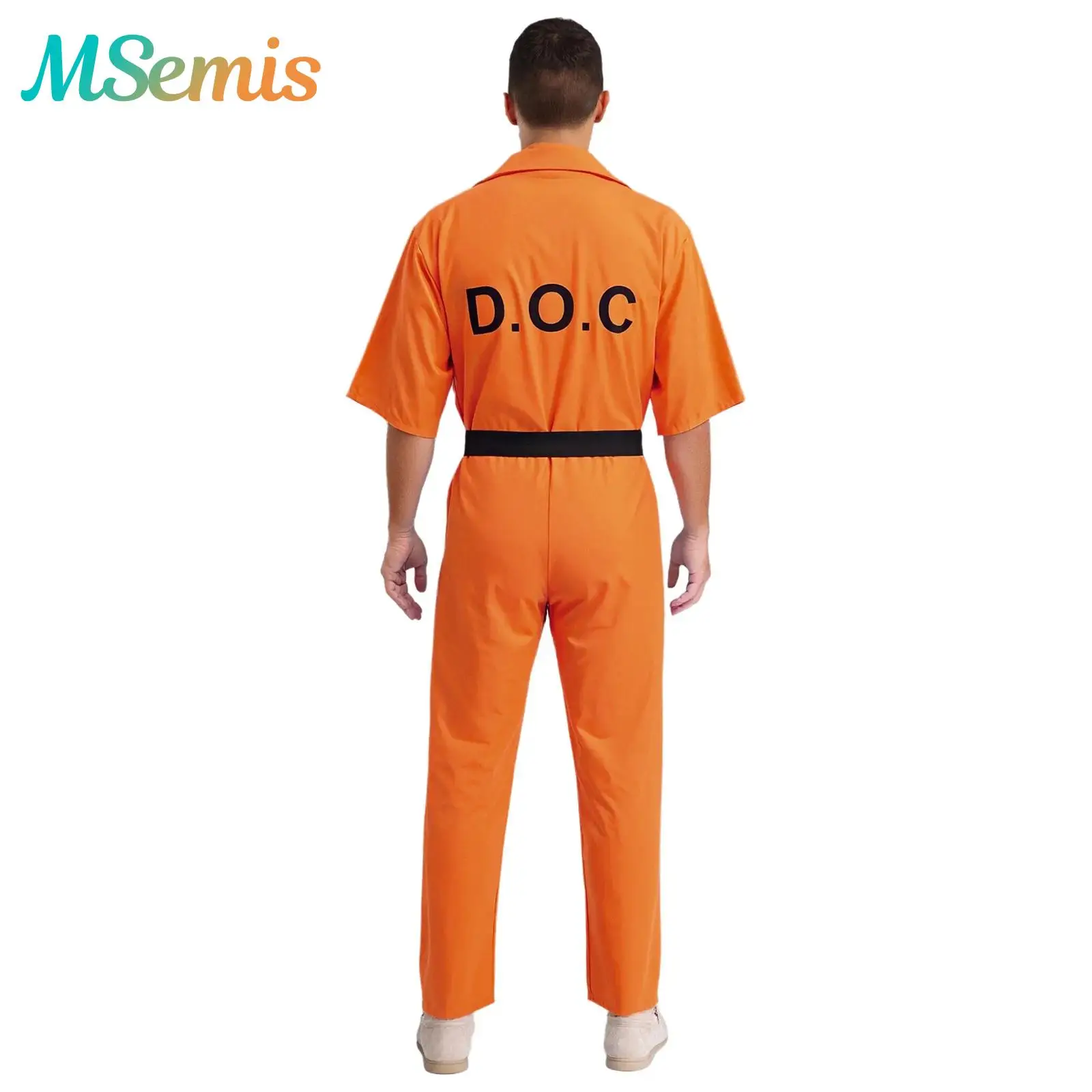 

Mens Womens Prisoner Cosplay Costume Halloween Inmate Convict Jail Bodysuit Orange Prison Jumpsuit with Waist Belt Lapel Rompers