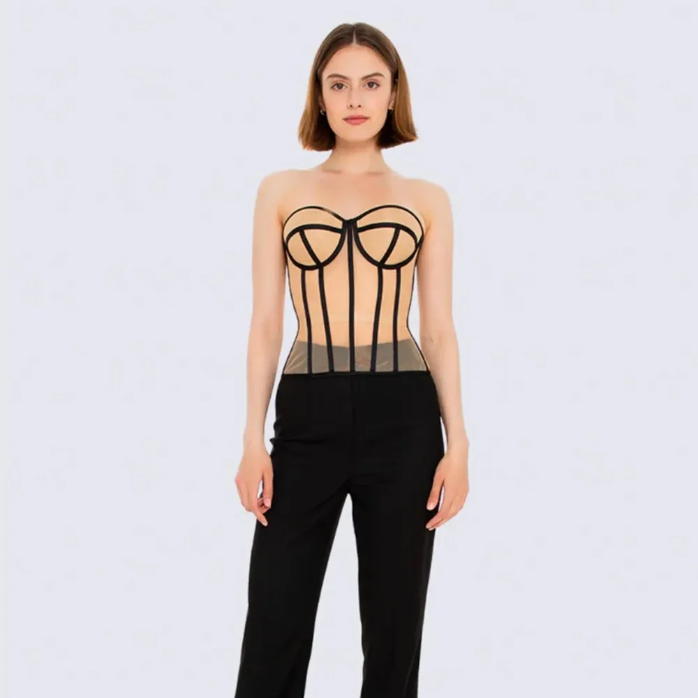 

Women Fashion Corset Busiter With Cup Lace Up Steel Boned Transparent Mesh Bodice Wedding Party Sexy