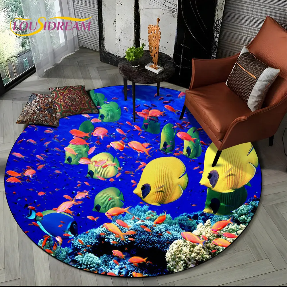 3D Seabed Underwater World Dolphin Turtle Round Area Rug,Carpet for Living Room Bedroom Sofa Playroom Decor,Non-slip Floor Mat