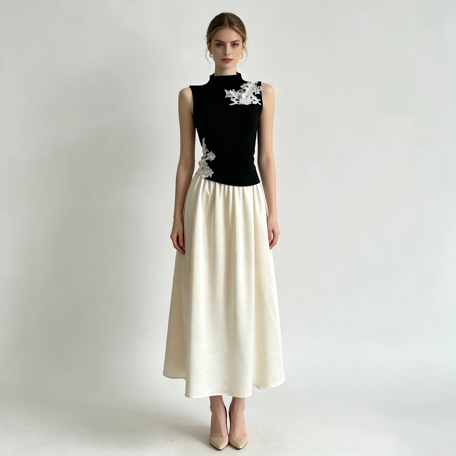 

LIMO 2026Elegant Two-Piece Outfit:Lace-Appliqué Black Sleeveless Top+Flowy White Midi Skirt,Chic&Versatile for Daily/Office Wear