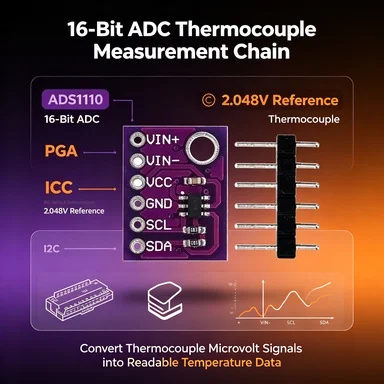 CJMCU1110 ADS1110 16-Bit ADC Board, 240SPS I2C PGA 8x Gain, Thermocouple Data Acquisition for Arduino
