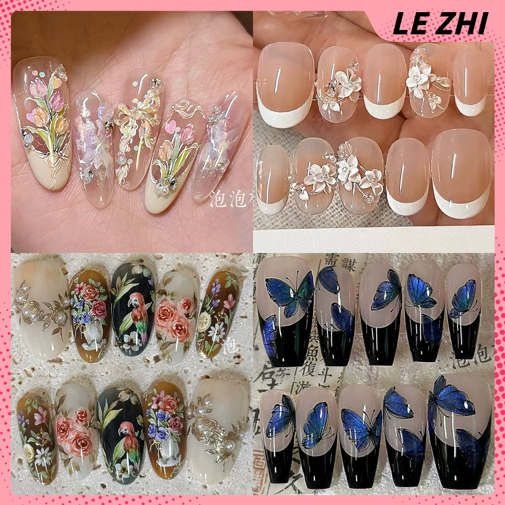 

Gentle Elegance High Quality Handmade Long Coffin Ellipse Full Cover Nails Cat Eyes Butterfly Flower Diamond Pearl Press On Nail