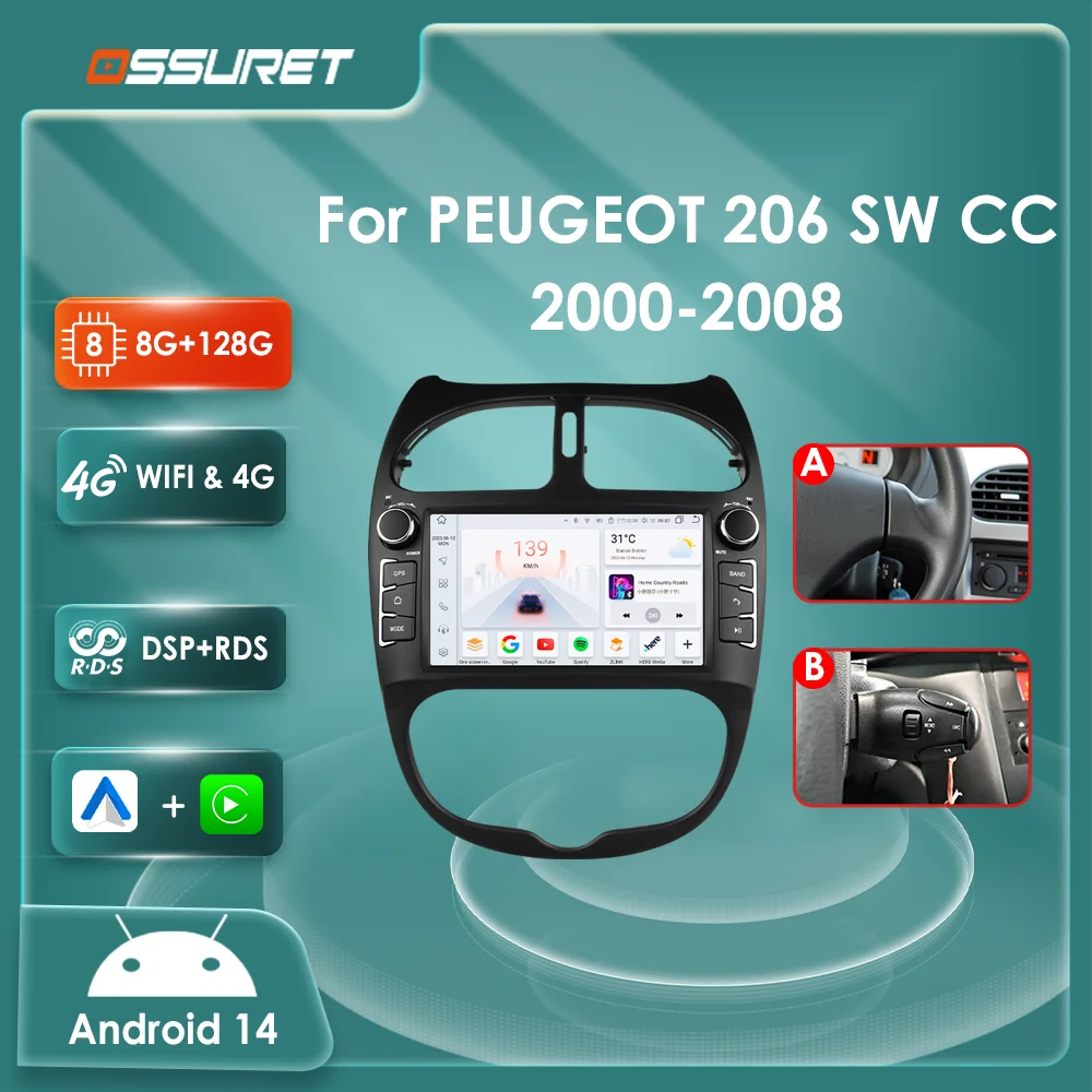 Android 14 Car radio for PEUGEOT 206 206CC 206SW 2000-2005 2006 2007 2008 Multimedia player GPS navi Video 7862 2din Autoradio