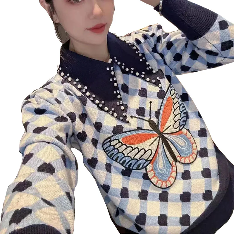 Vintage Style Butterfly Embroidery Women Sweater Turn Down Collar Knitwear Pullovers Women Long Sleeve Soft Knit Jumper Tops