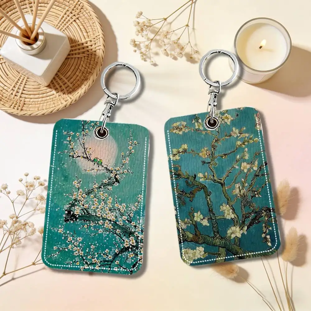 Blooming Branches Gallery Card Holder Leather Card Storage Box Key Chain Access Tag Holder ID Card Holder Key Chain