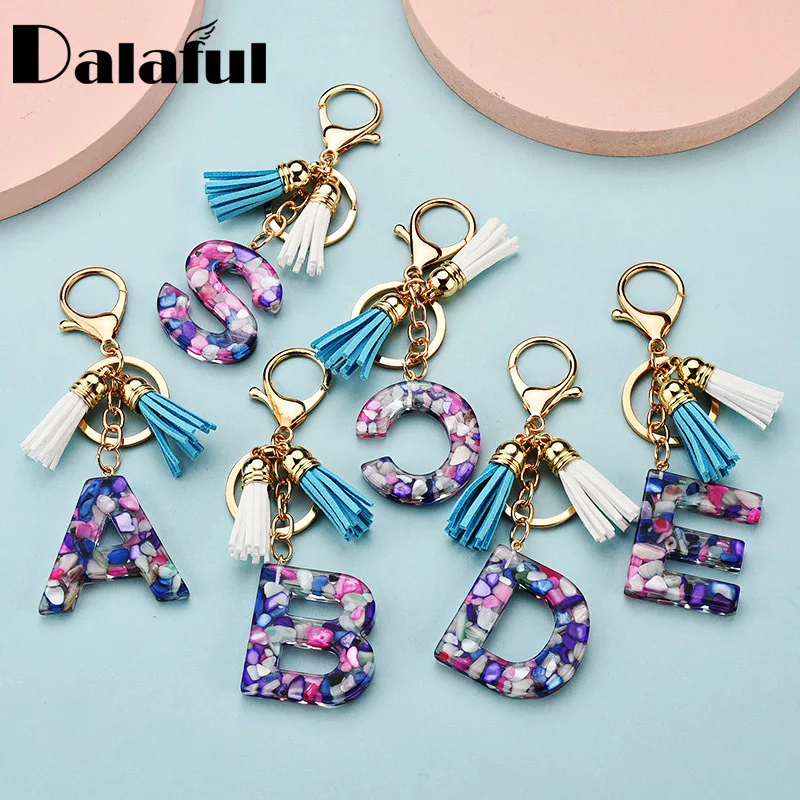 Chic 26 Letters Key Chain Rings Acrylic Tassel for Women English Alphabet Crystal Handbag Charms Pendant Keychain K419