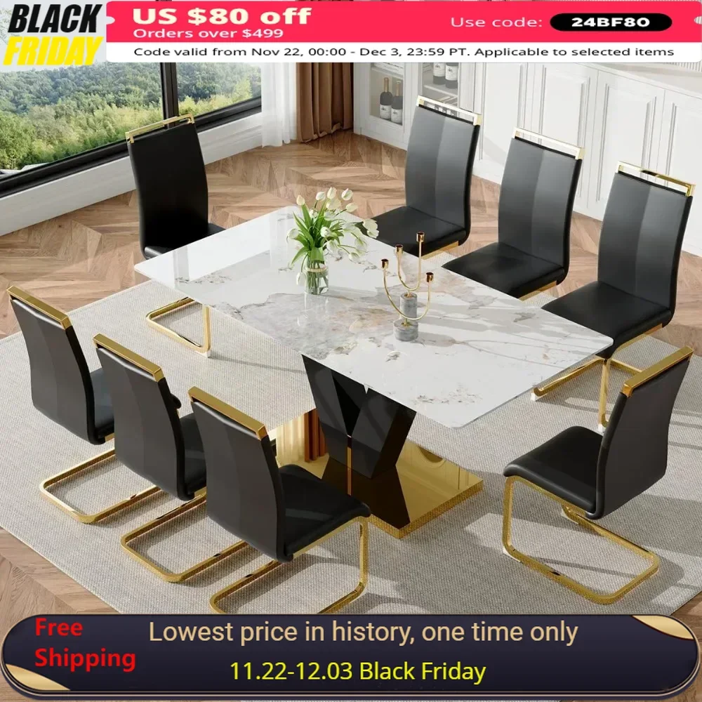 Dining Table Set ,Modern Kitchen Tables with 8 PU Leather Chairs,with V-Shaped Black Glossy Pillars,Marble Dining Table Set