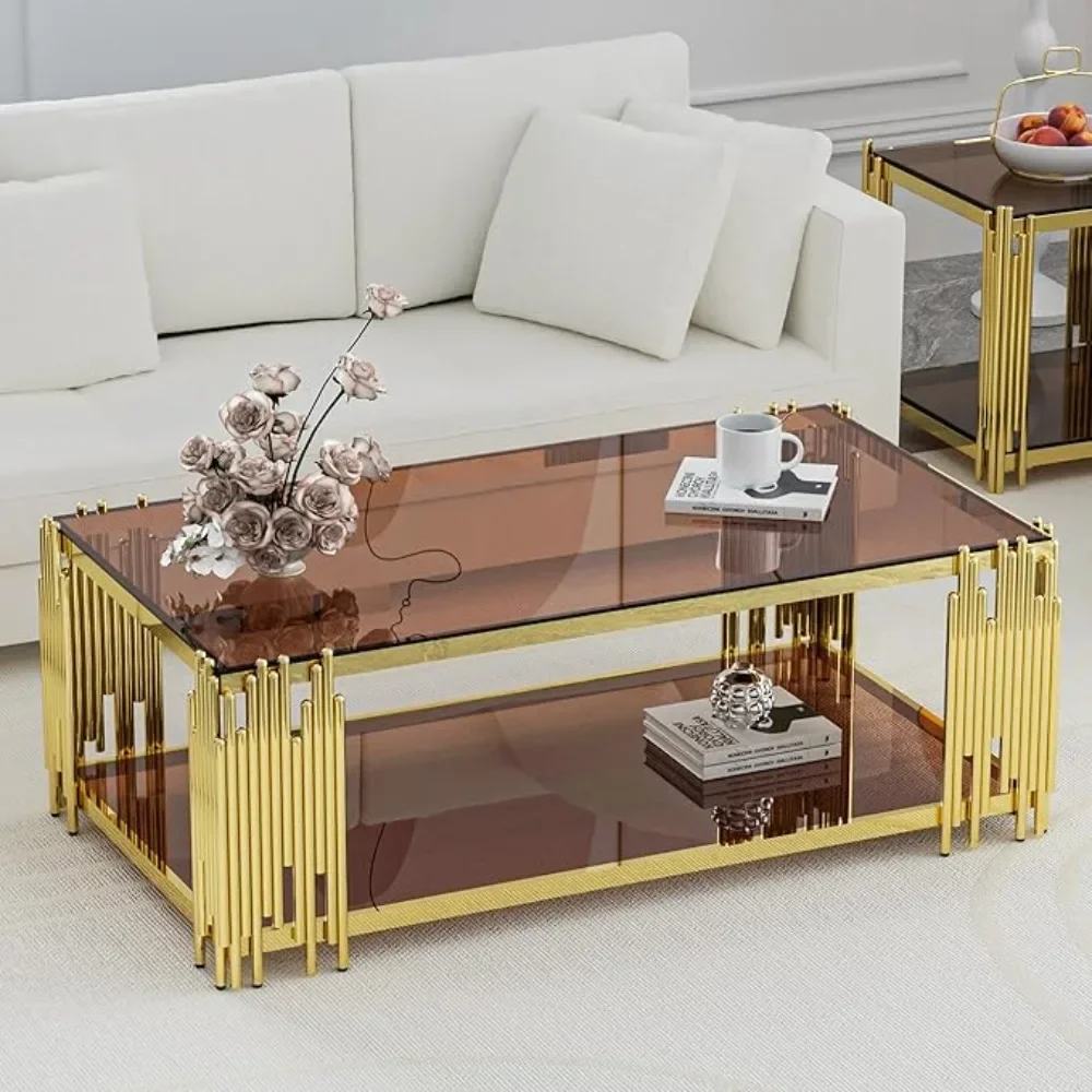 Coffee Table, Modern Living Room Table, Gold Legs, 51 Inch Rectangular Clear Tempered Glass Material Coffee Table