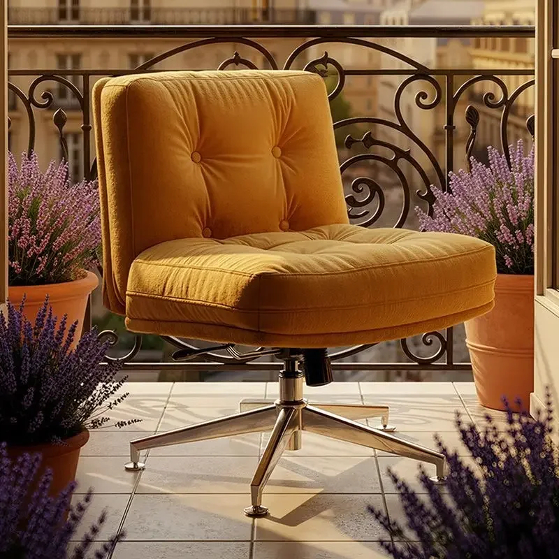 French Retro Velvet Armless Swivel Chair Tufted Cushion Adjustable Lift Chrome Four-Star Base Balcony Reading Lounge Chair