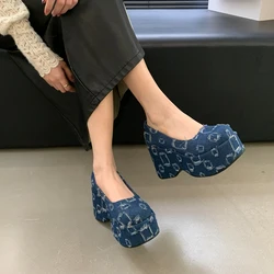 Blue Denim Wedges Shoes For Women Round Toe Platform Pumps Spring Chunky High Heels Loafers Black Uniform Shoes Mary Janes