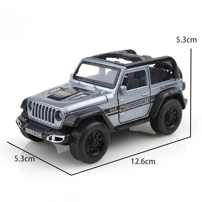 รถออฟโรดแบบเปิดประทุน (แบบมีถุง) ขนาด 1/36 รุ่น Wrangler ผลิตจากโลหะหล่อขึ้นรูป ของเล่นเด็กผู้ชาย เปิดประตูได้สี่บาน ฟังก์ชั่นดึงหลังเคลื่อนที่ได้