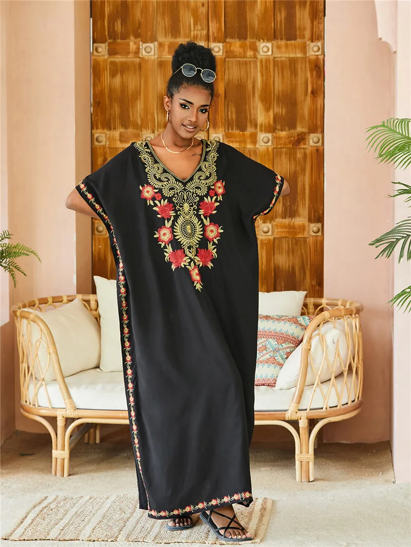 Women Plus Size Kaftan Dresses Loungewear Beach Embroidered Caftan Maxi Dress Floral Print Swimsuit Cover up Sundress