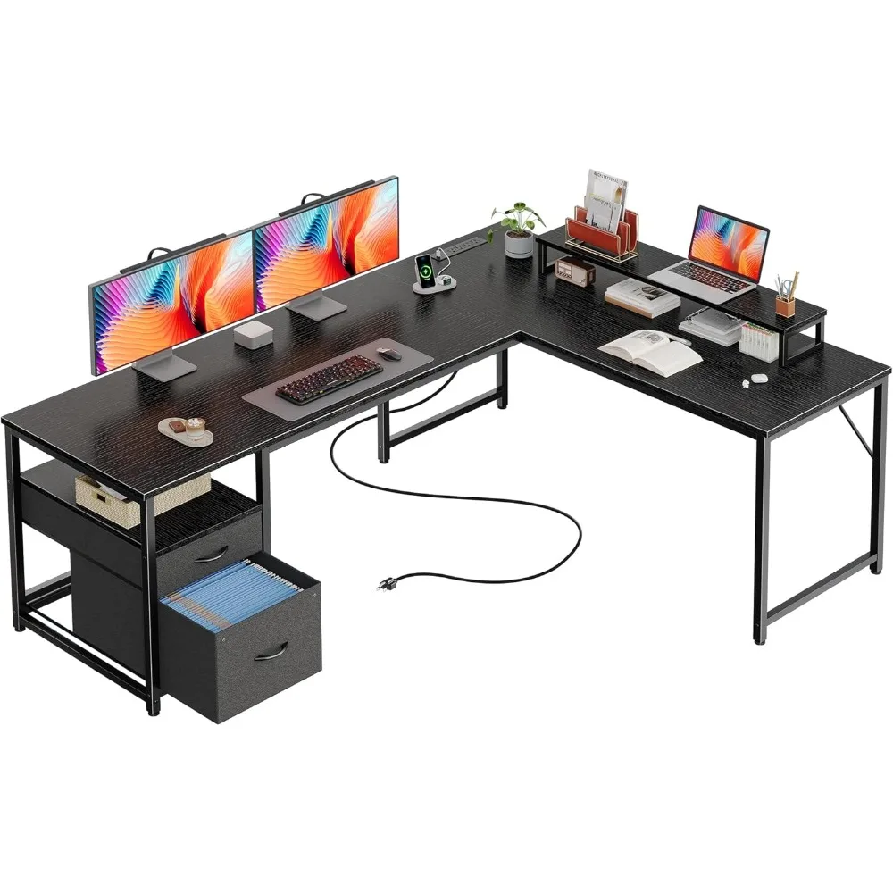 

63 Inch L Shaped Desk with Power Outlets and USB-C Port, Computer Corner Home Office Desk with File Fabric Drawers and Movable
