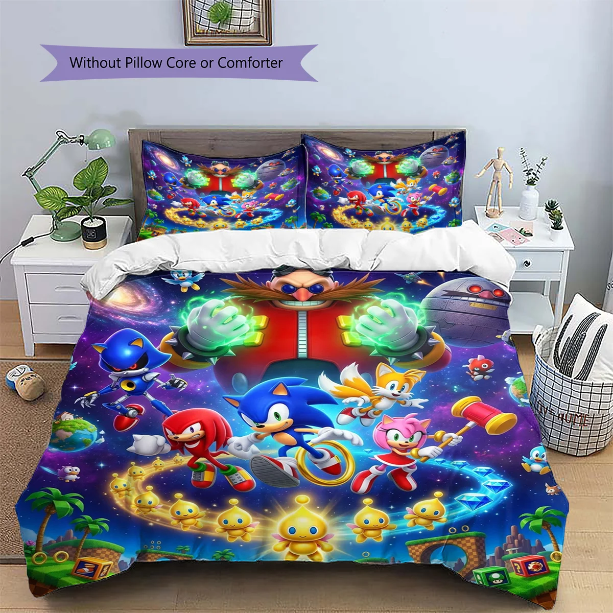 Hedgehog Sonic Patterned Pillowcase & Duvet Cover Set Home Decoration Anime Themed Bedding Fan Gift Option.-TING - view 2