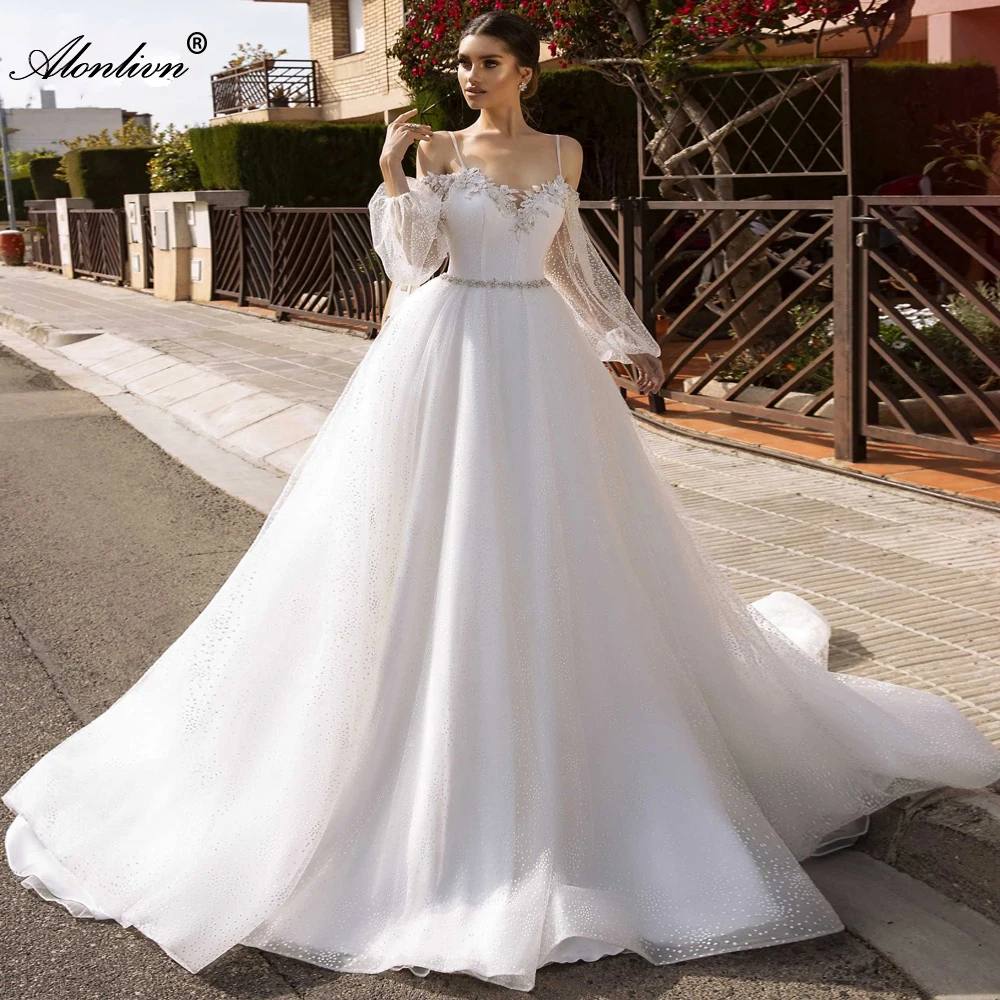 

Alonlivn Chic Tulle Lace A-Line Wedding Dress Beading Pearls O-Neck Sweetheart Spaghetti Straps Bridal Gowns