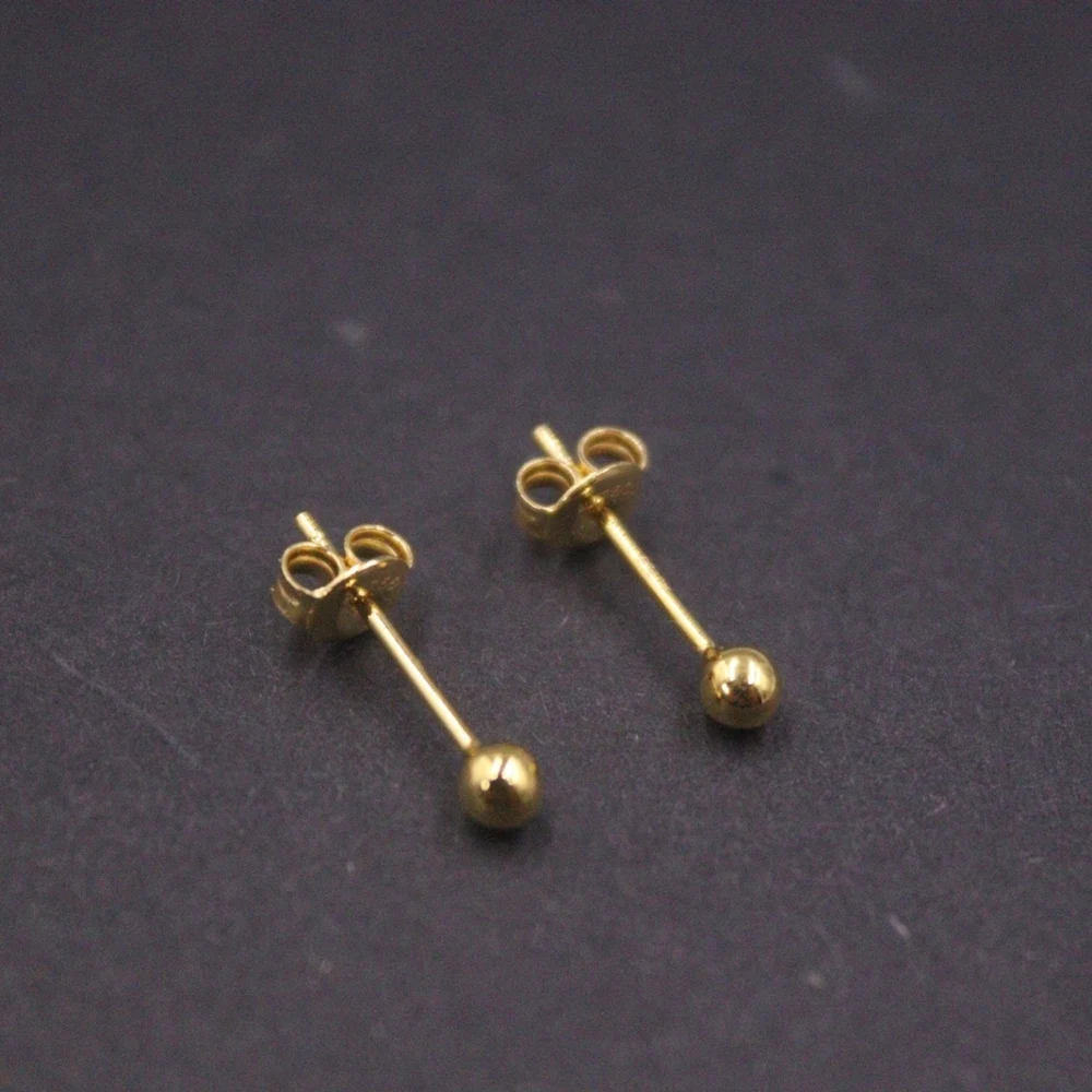 Real Pure 18K Yellow Gold Stud Women Gift Lucky Simple Glossy Smooth Beads Earrings 0.7g