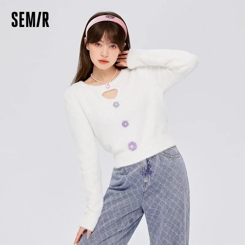 Semir Sweater Women Short Hollow Cute Flower Girly 2023 Winter New High-Level Pullover