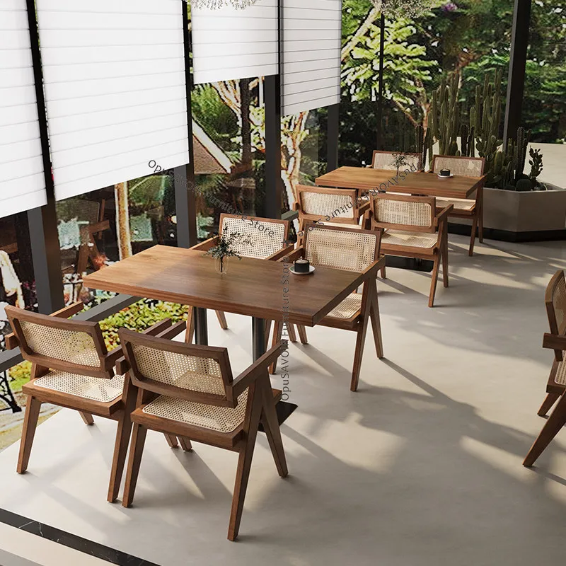 

Commercial Wabi-Sabi Furniture Set Vintage Solid Wood Table & Woven Rattan Chairs for Western Restaurant Cafe Bar Lounge JT40C