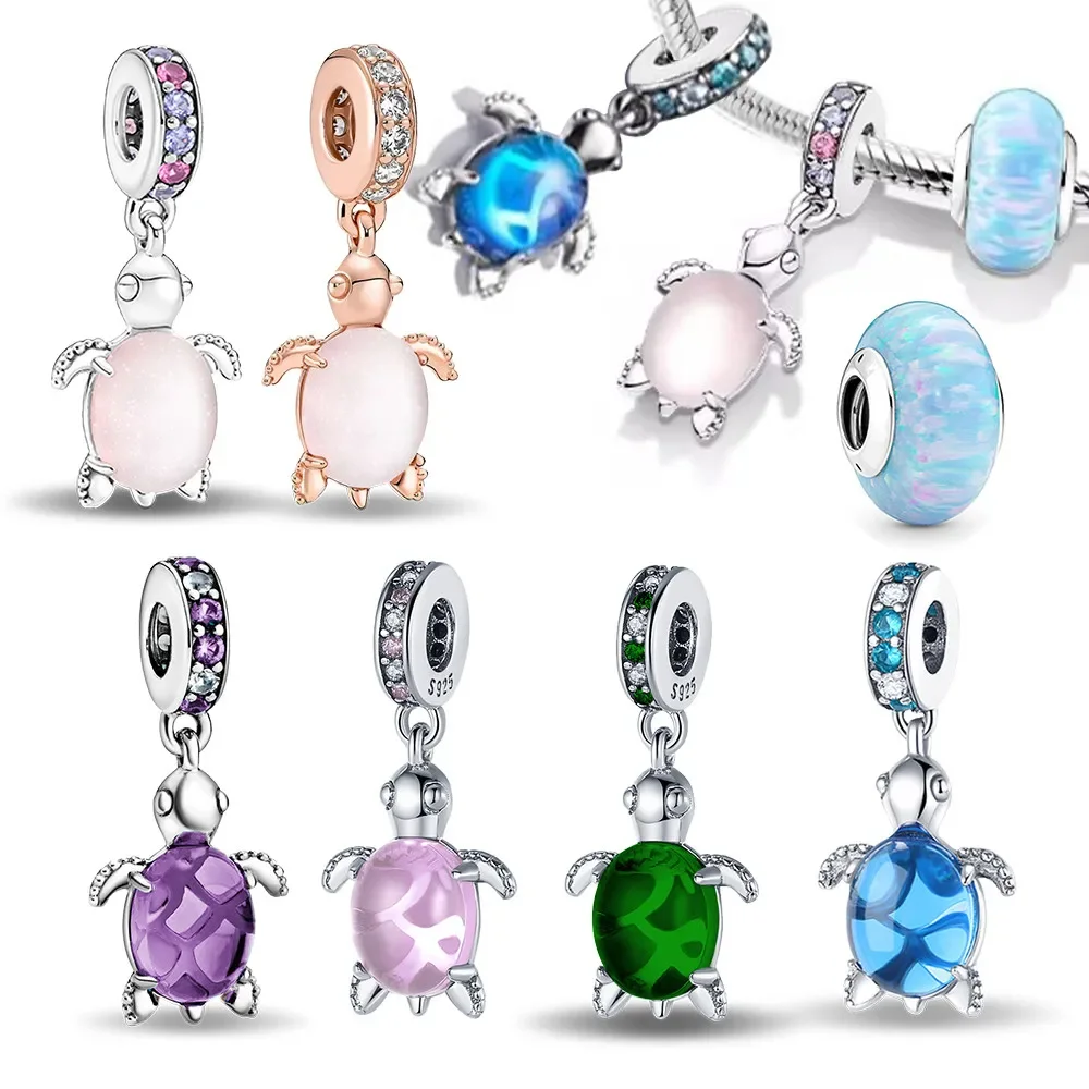 925 Silver Colorful Zircon Sea Turtle Shape Charm Beads Fit Pandore Bracelet for Women Pendant Bead DIY Jewelry Gift