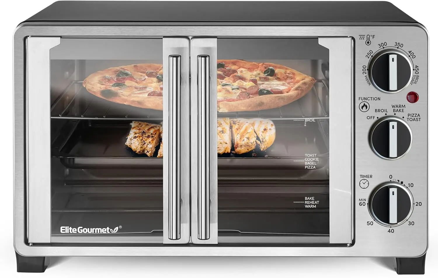 

Gourmet ETO2530M Double French Door Countertop Toaster Oven, Bake, Broil, Toast, Keep Warm, Fits 12" pizza, 25L capacity,