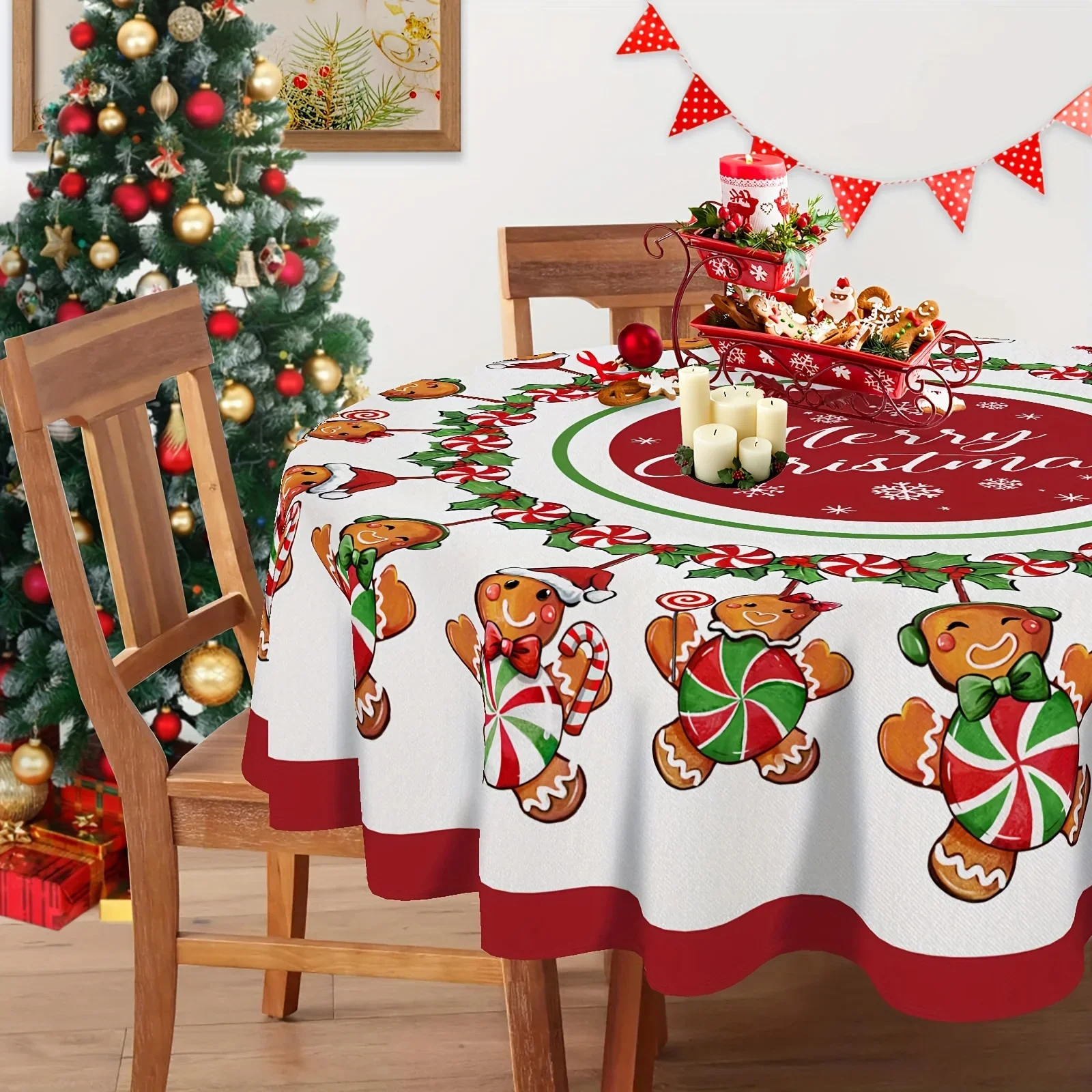 1 piece of Merry Christmas gingerbread men round tablecloth, 60 x 60 inches - festive mint candieszyc