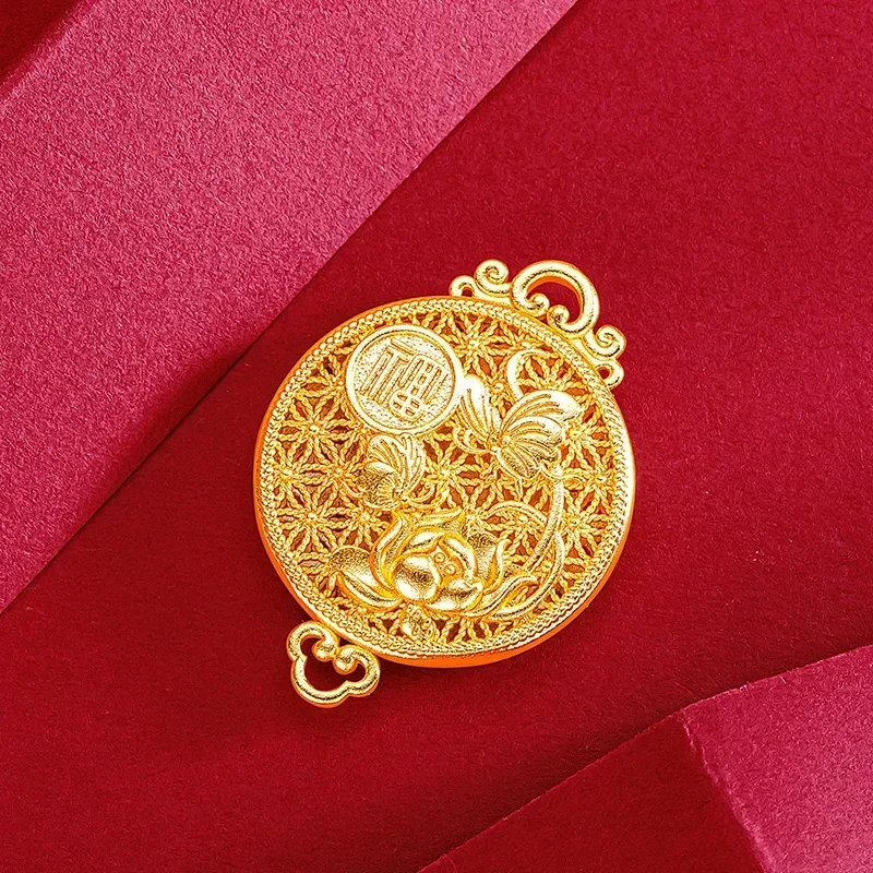 

9999 Real Gold 24K Ethnic Style Hollow Silk Fortune Butterfly Lotus Pendant Ancient Golden Lotus Black Rope Necklace