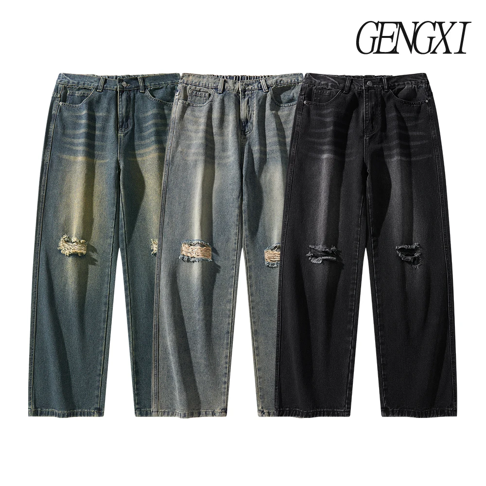 メンズハイストリートリップドジーンズ、ヴィンテージウォッシュ加工ダメージ加工ミッドライズストレートレッグカジュアルパンツ、韓国風ワイドレッグパンツ